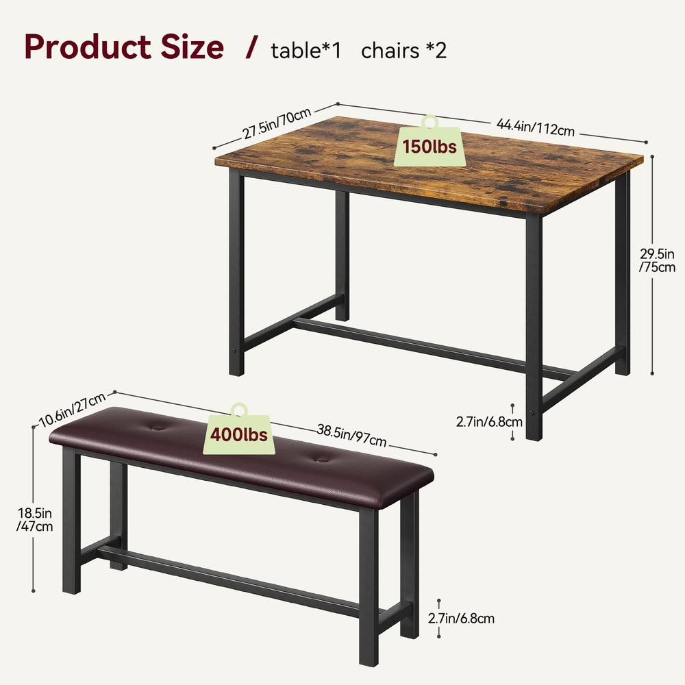 3 Piece Dining Room Table Set for 4 Kitchen Table and 2 Upholstered Benches Home