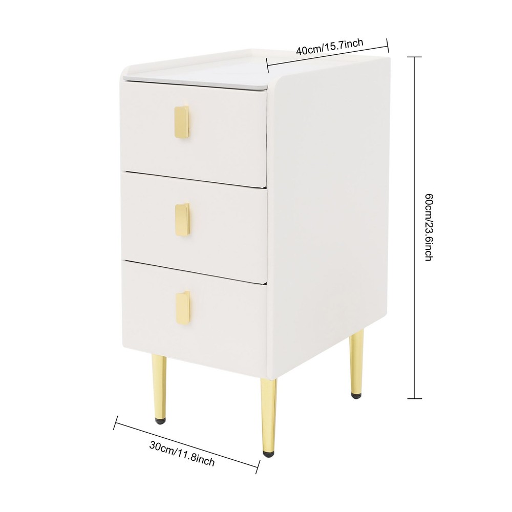 3 Drawer Narrow Side Table - Leather & Wood, Titanium-plated, Rectangular Modern