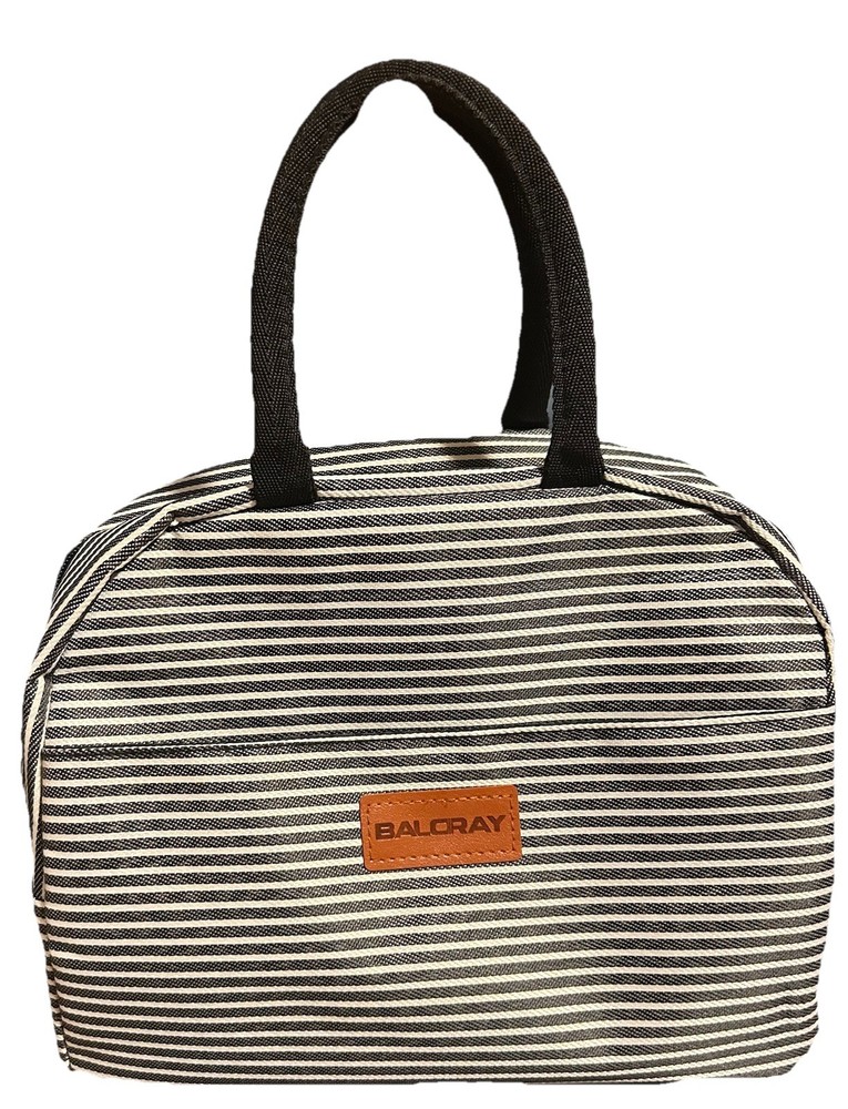 BALORAY Striped Insulated Lunch Bag Black White Zipper Lid Rectangular Handle