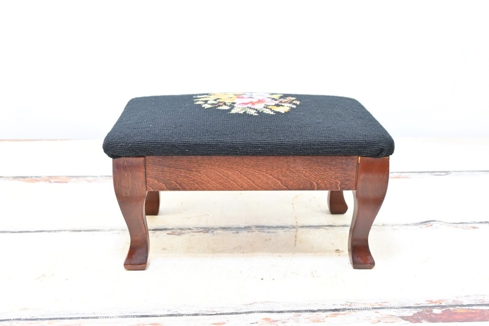 Vintage Floral Needlepoint Footstool Wool Rectangular Victorian Flowers 14.5x9.5
