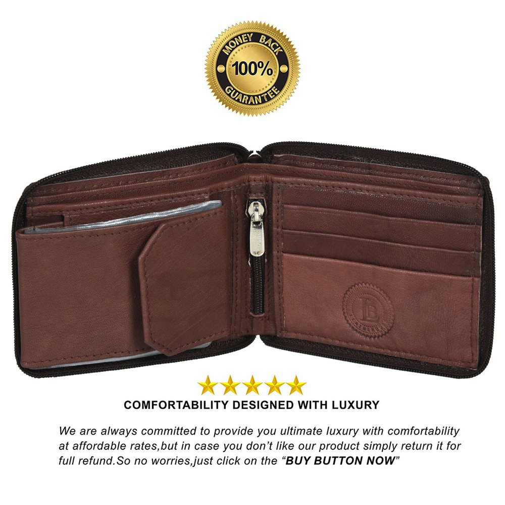 Men's Zipper RFID Blocking Premium Leather Zip-Around ID Bifold Wallet