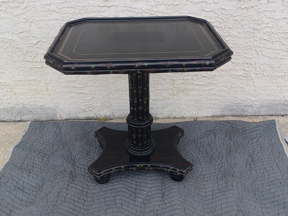 Maitland Smith Side Table Ebonized Faux Bamboo Leather Top Hand Painted Table
