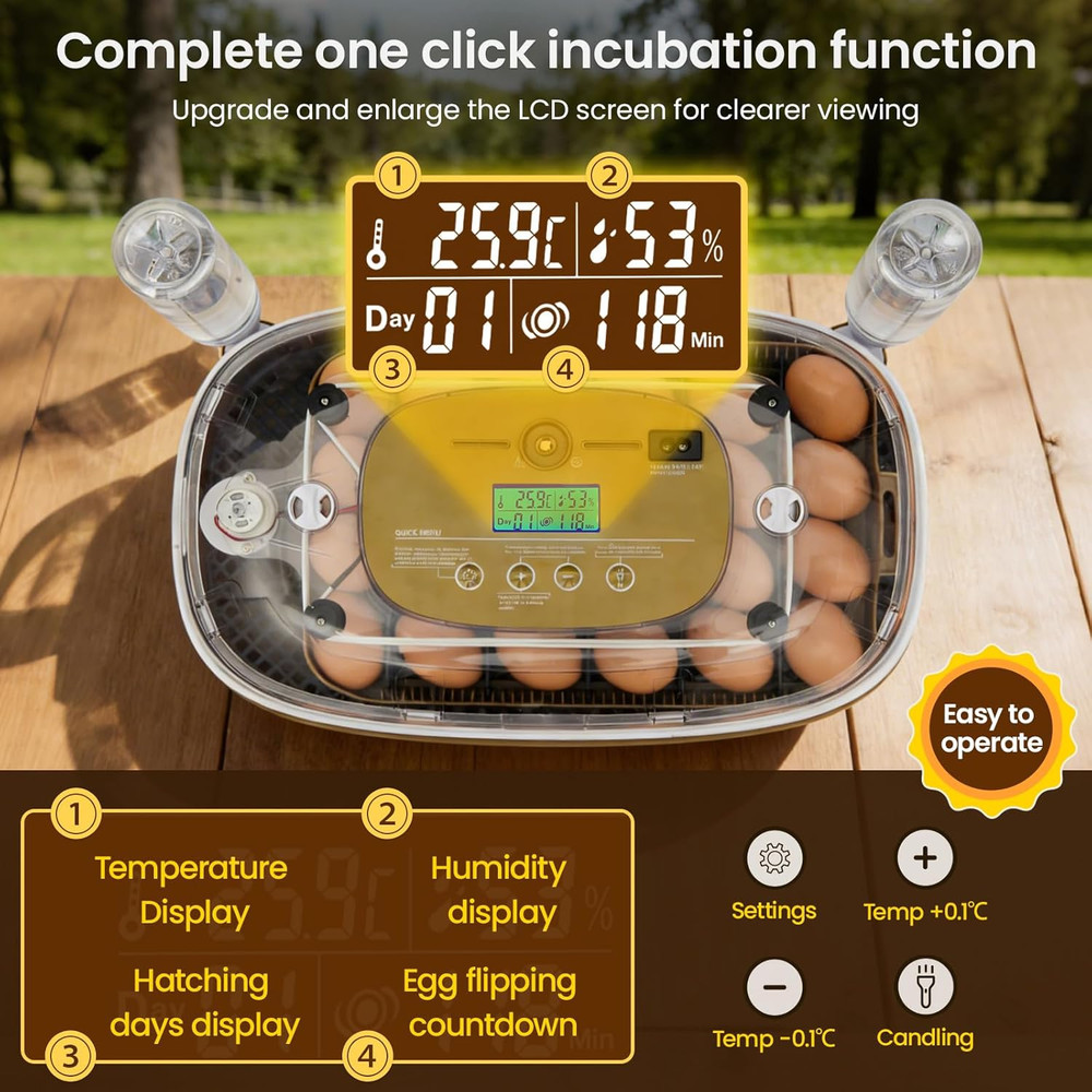 24-Egg Incubator with Auto Turner & Temp Control for Chickens, Ducks & More