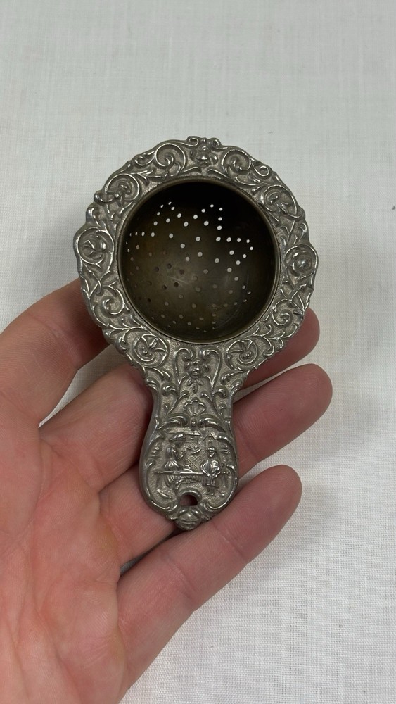 Ornate Metal Tea Strainer with Stand, Silver Brass, Germany, Round Pattern