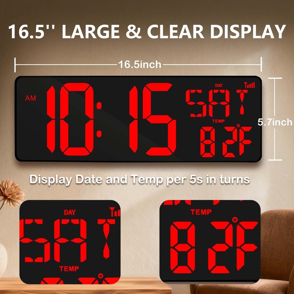 Digital Wall Clock Large Display: 16.5" LED Digital Clock with Remote Control...