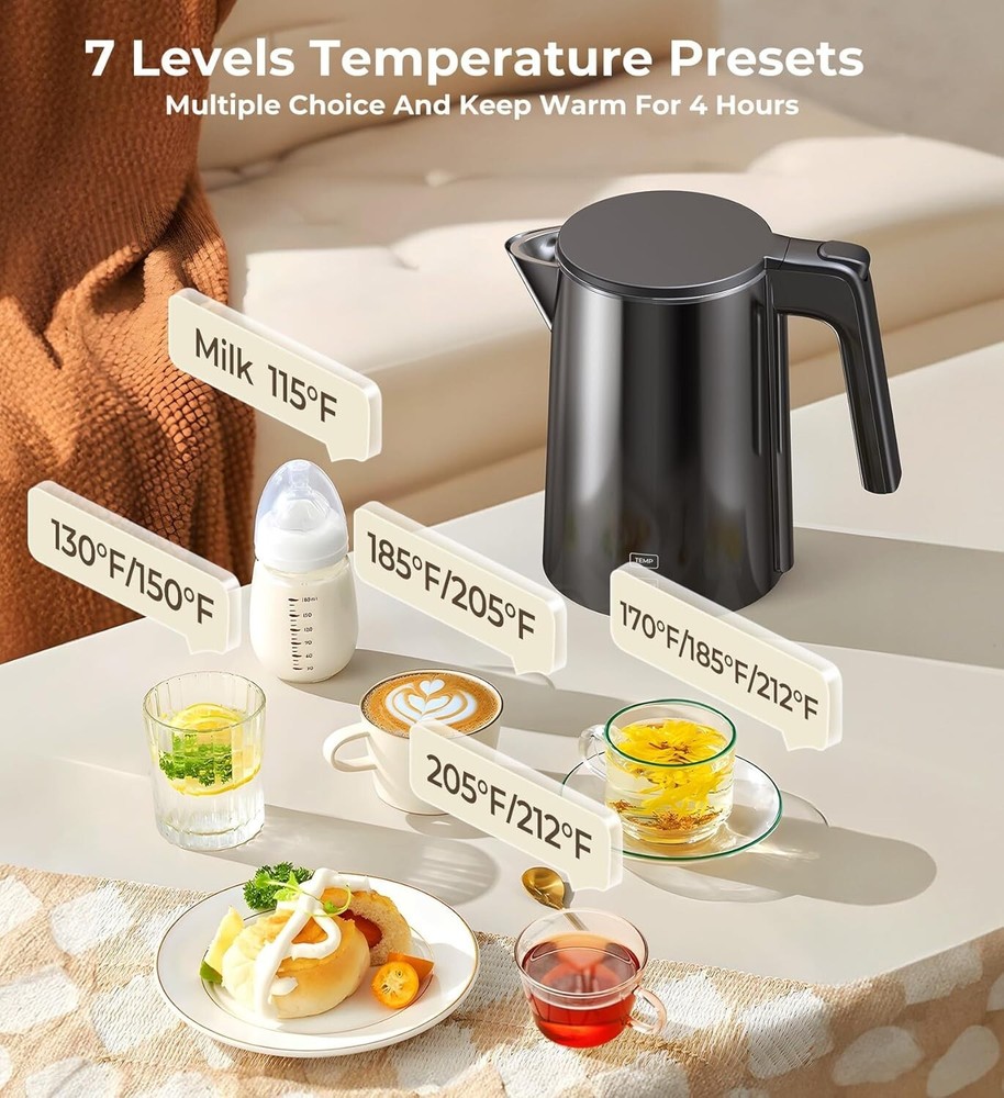 Electric Kettle 1.0L | 7 Temp Control, Cool Touch, Keep Warm, Auto Shut-Off