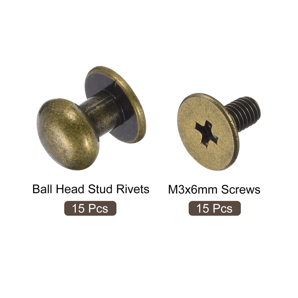 8mm Ball Head Stud Rivets Screw Back, 15Pack Round Head Button, Bronze Tone