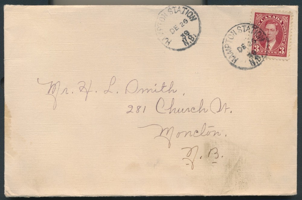 Hampton Station, NB - 1939 Circle Date Cancel on Envelope