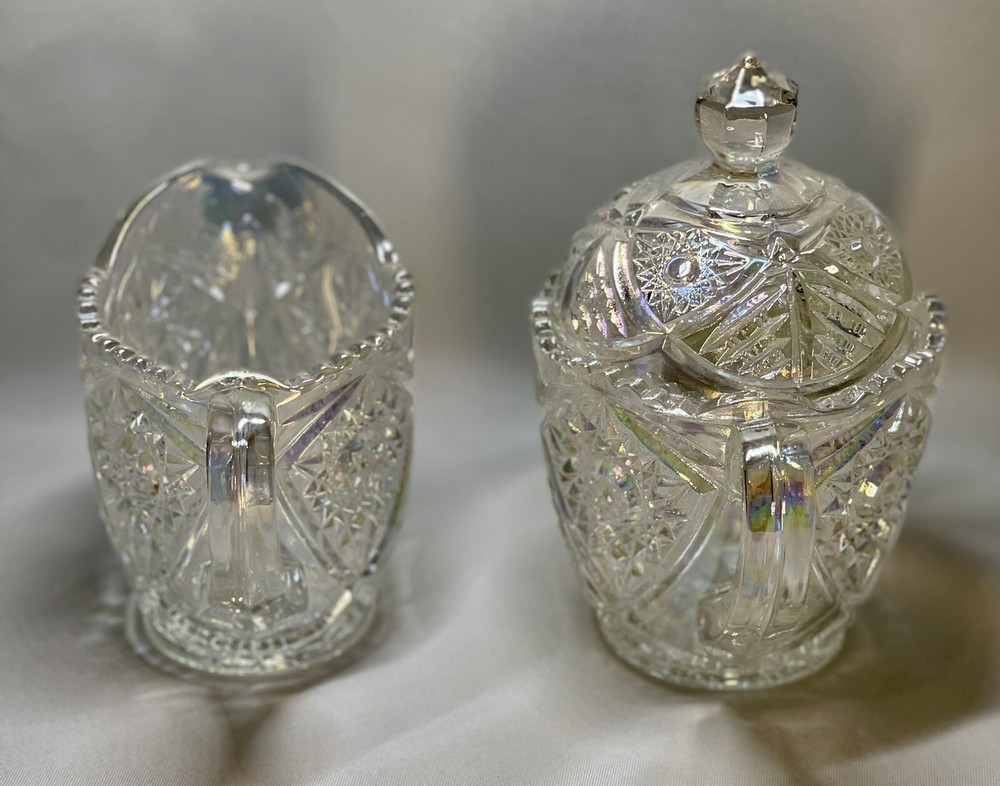 Valtec Pattern Sugar And Creamer Iridescent Clear Glass Lusterware L.E. Smith