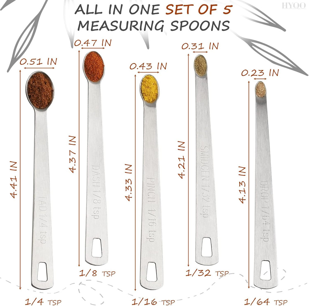 5 Pcs Mini Measuring Spoons Set - Stackable Design, 1/4, 1/8, 1/16, 1/32, 1/64 T