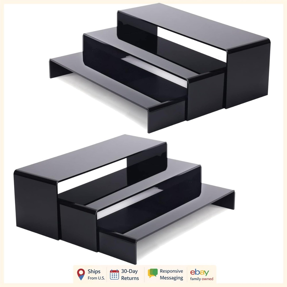 6Pcs Large Acrylic Display Risers for Collectibles, Black Rectangular Shelves