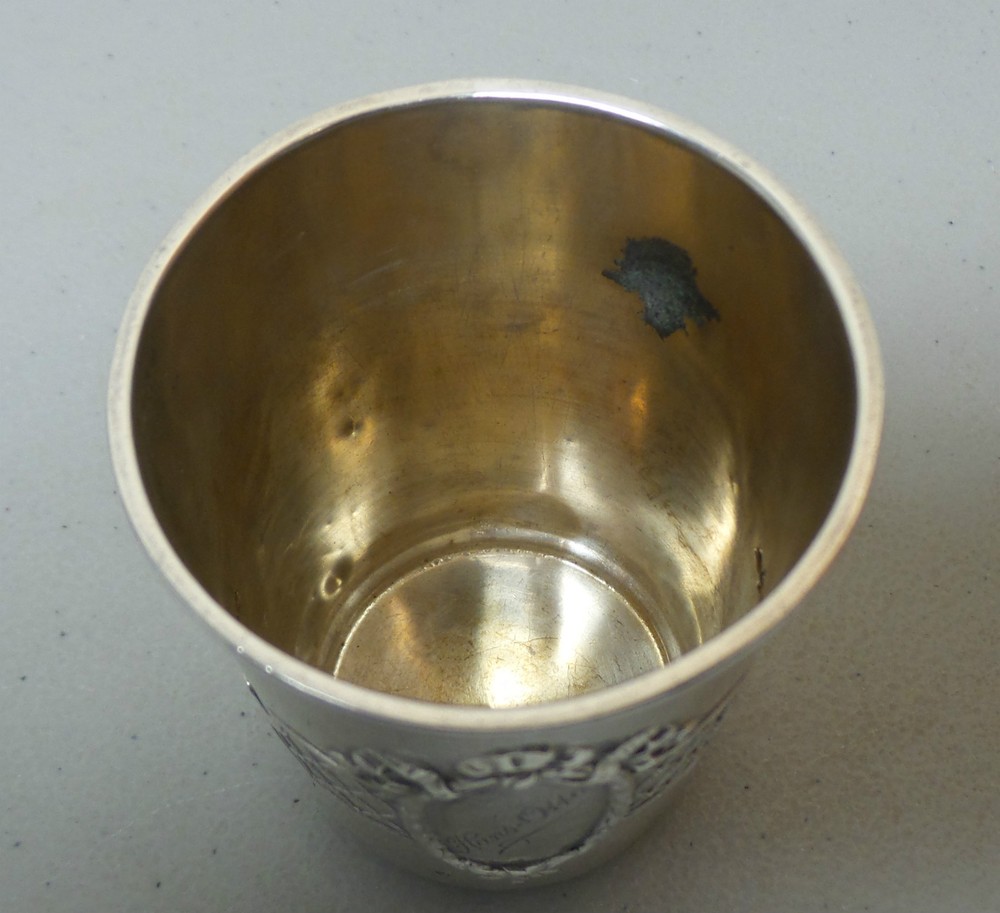ANTIQUE GERMAN .800 SILVER EMBOSSED DECORATED & ENGRAVED BEAKER, 55 grams
