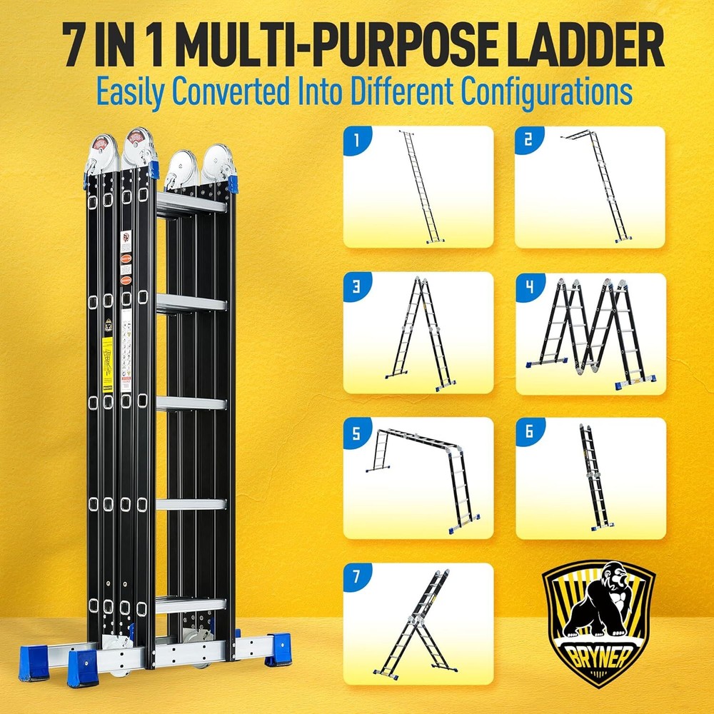 Bryner Folding Step Ladder, 19.6ft, 7 in 1 Multi-Purpose Folding Adjustable