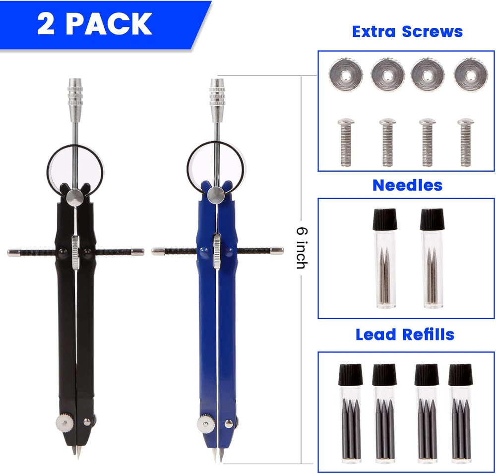 2Pcs Compass for Geometry, Professional Drawing Compass,Metal Compass, Circle