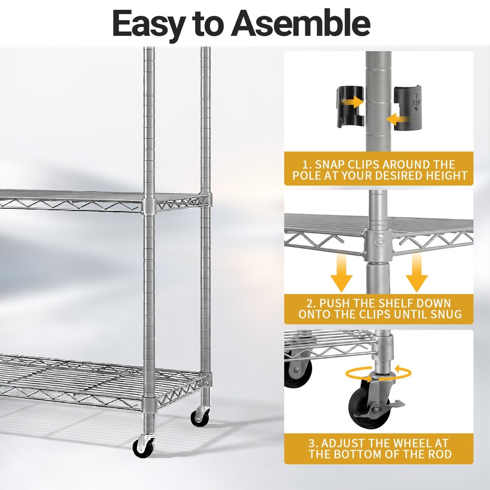 65"H Adjustable Rolling Storage Shelf Garage Rack 6-Tier Wire with Hanging Hooks
