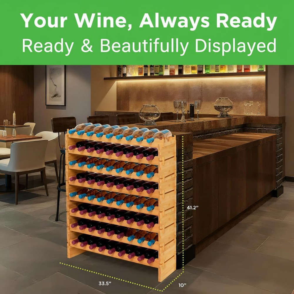 72 Bottle Wine Rack Stackable Bamboo Freestanding, 8-Tier Modular Shelf, Sturdy