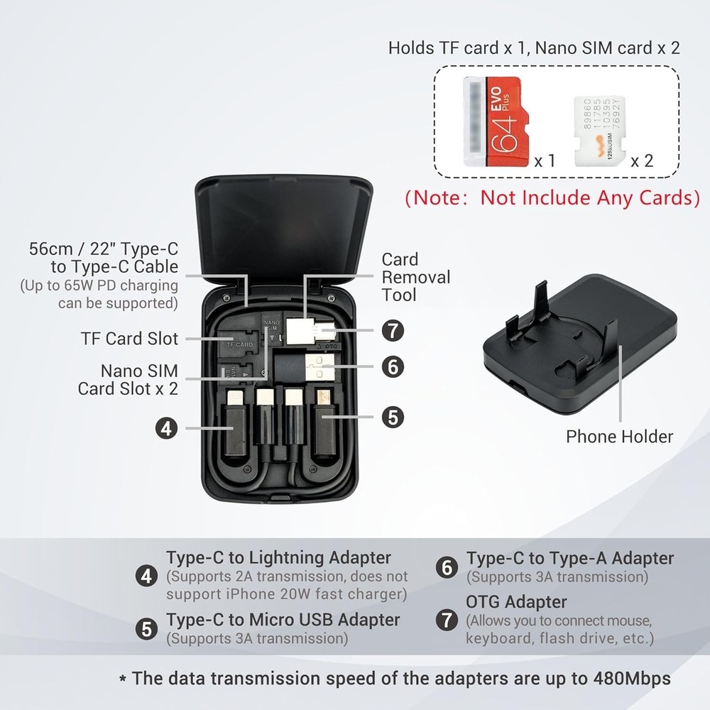 Multi-Functional Compact Cable Card with 22" USB-C Cable & USB-A/Micro-USB/Light