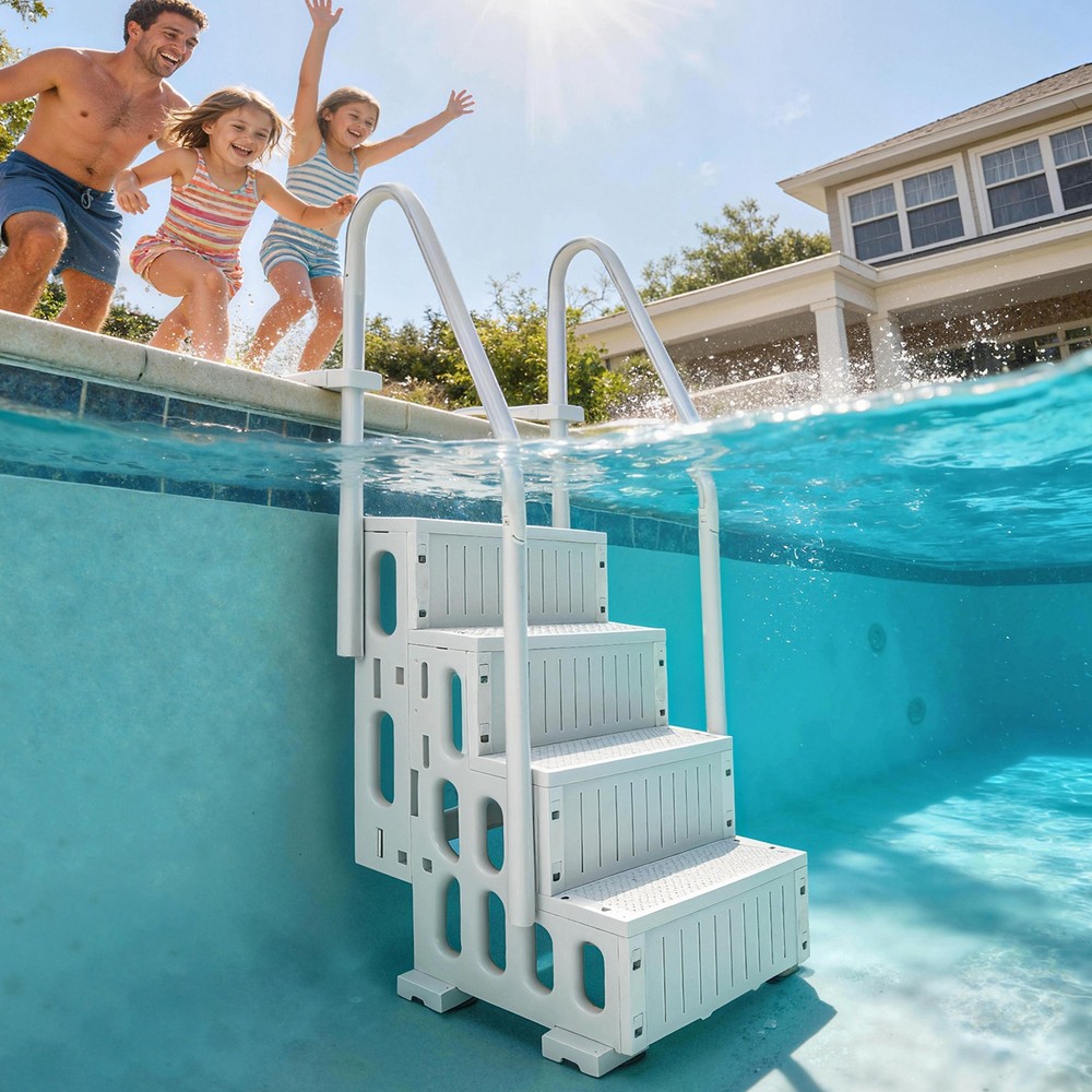 Swimming Pool Ladder Adjustable 4-Step, Cream White, White