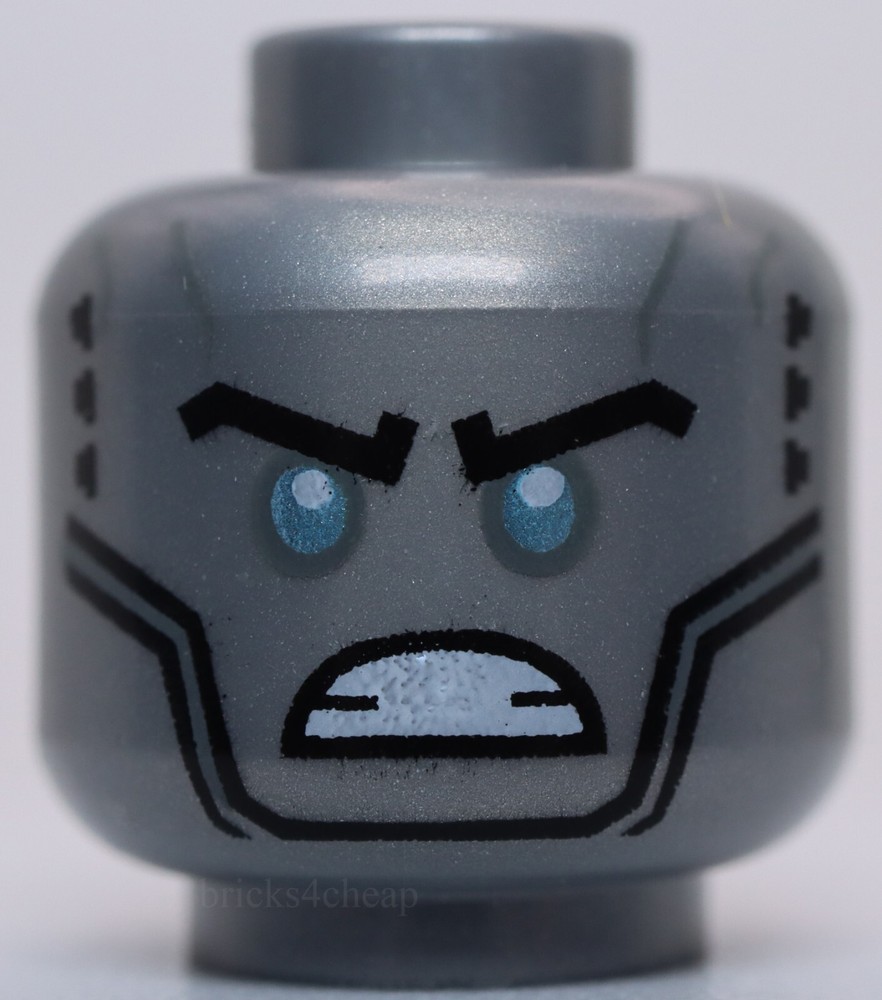 Lego Flat Silver Head Alien Robot Black Eyebrows Metallic Light Blue Eyes Angry