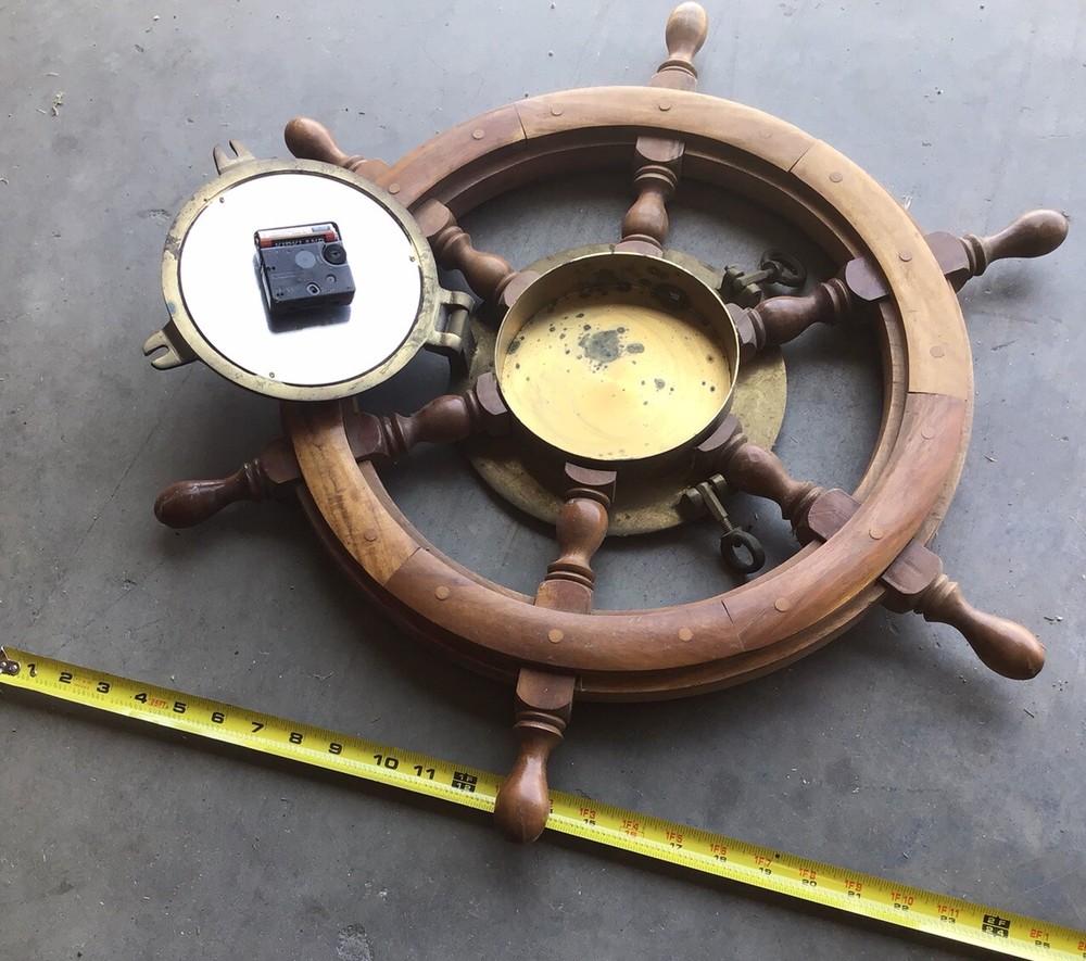 Ship’s Time Quartz Wheel Clock, Solid Wood/Brass 24.5”
