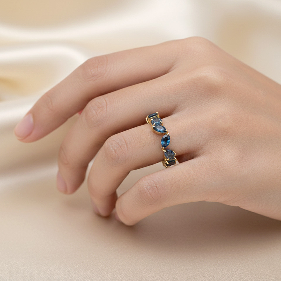 Lab Created Multi Shape London Blue Topaz Ring, Eternity Wedding Ring 925 Silver