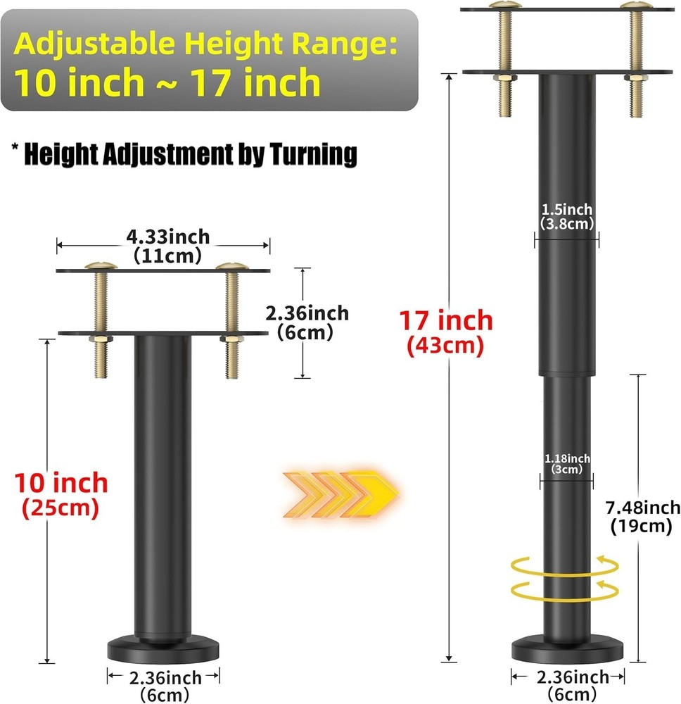 4 Pcs Adjustable Height Bed Support Legs 10-17 inch, Bed Frame Center Support