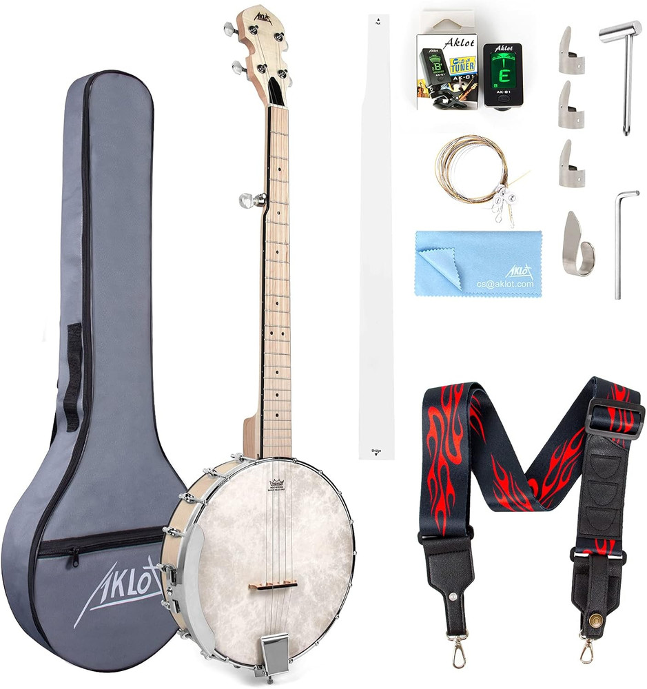 Full Size 5-String Open Back Banjo with Adjustable Maple Body, Remo Head & Acces