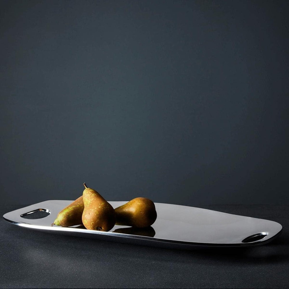 Nambé Handled Tray - Modern Rectangular Serving Platter with Curved Sides & Cut-
