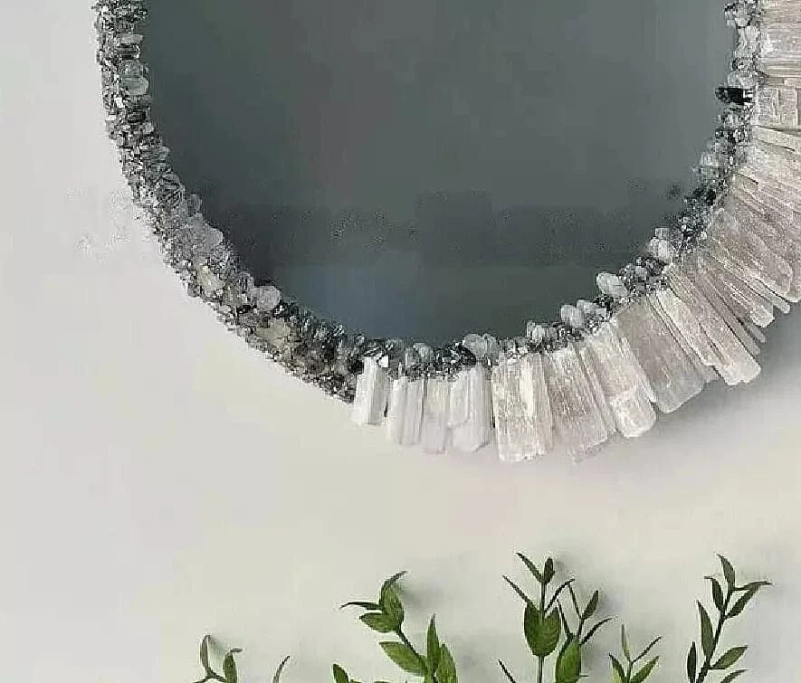 18" Handmade Selenite Wall Mirror | Crystal Gemstone Frame Mirror