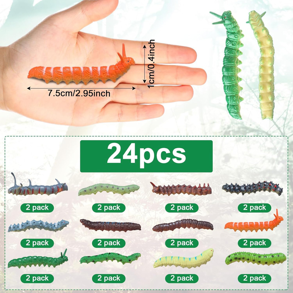 24 Pcs Simulation Caterpillar Fake Worm Crawling Insects Educational Learning Ac