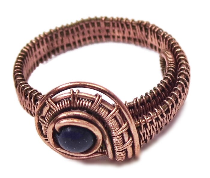 Lapis Lazuli Adjustable Ring, Woven in Copper Wire