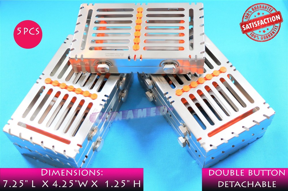 5EA GERMAN DETACHABLE STERILIZATION TRAYS WITH DOUBLE BUTTON FOR 7 INSTRUMENTS