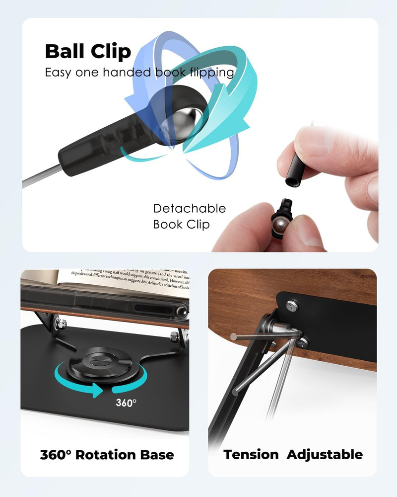 Book Stand for Reading,Book Holder, Height&Angle Adjustable, 360° Rotating Base,