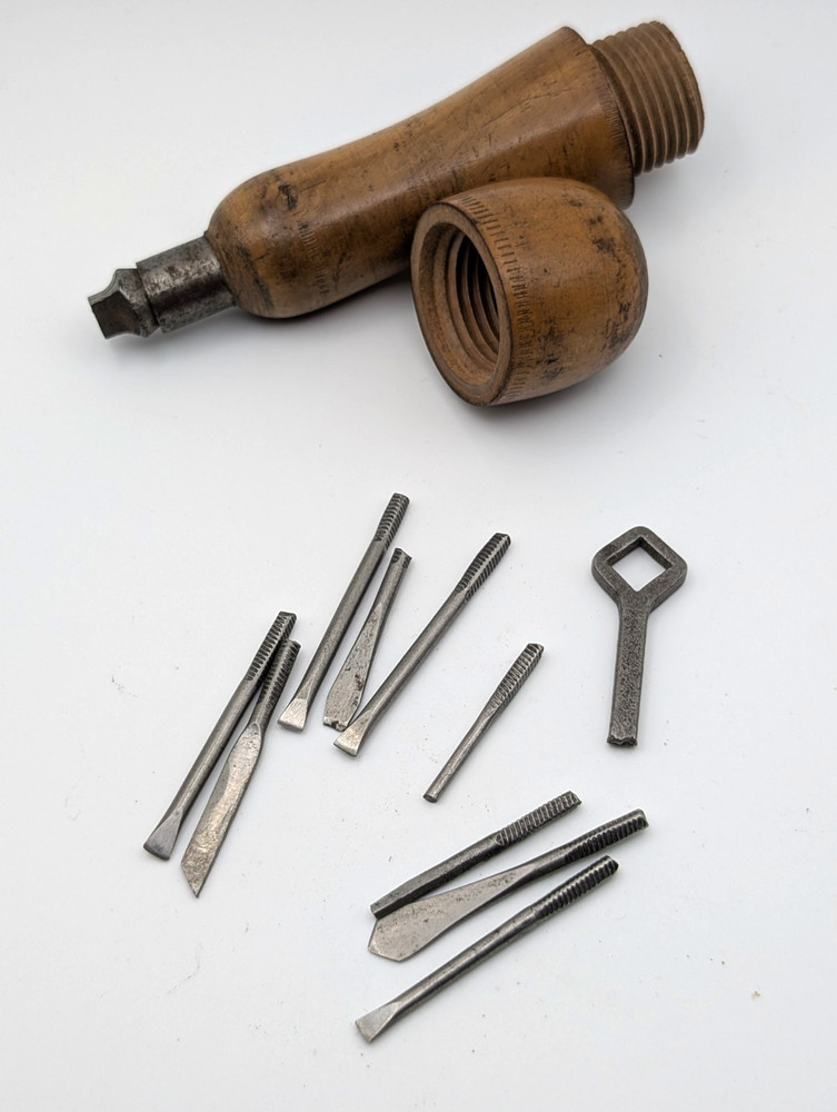 Vintage Wood Handle Awl Set Hollow Handle Multi Bit Tool w/ Bits