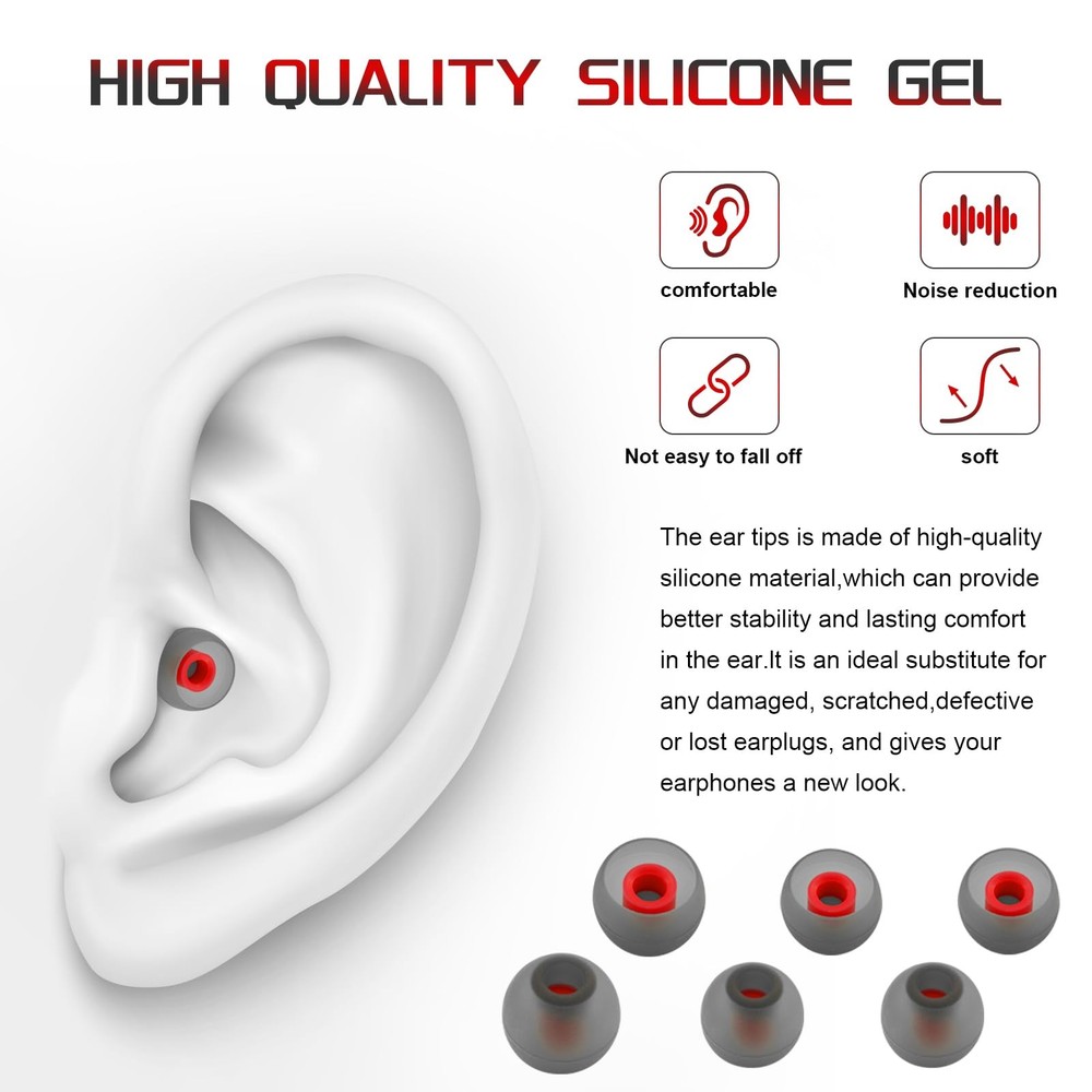 3 Pairs Replacement Silicone Eartips Earbuds Eargels large, Grey&Red