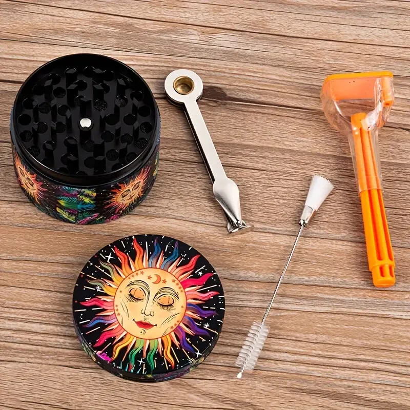 Creative Pattern Sun & Moon Herb Grinder, 2.5 inch, 4-Piece, Storage & Scraper