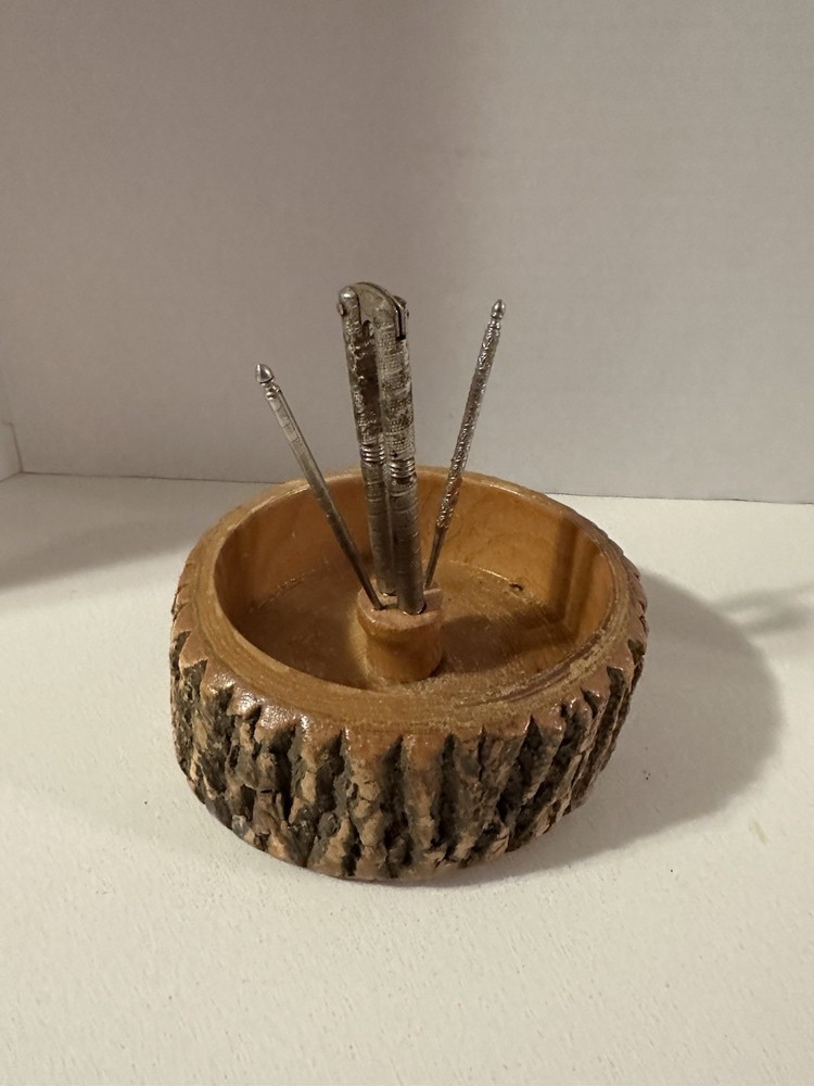 Vintage Nut Bowl Rustic Edge Tree Bark Set with 1 Nutcracker & 2 Picks