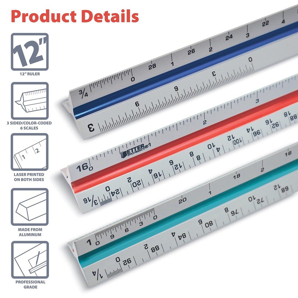 Triangular Ruler, 12 Inch Metal, Triple Sided Color Coded, Imperial Scale, Dr...