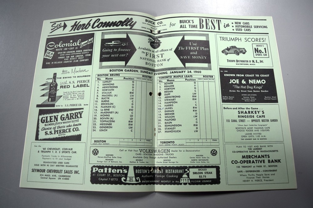 Boston Bruins Vs Toronto Maple Leafs January 24th 1960 Official Game Program