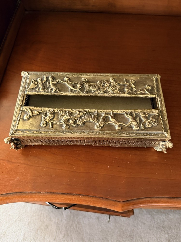 Vintage Gold Metal Raised Relief Brushed Brass Rectangular Tissue Box Cover