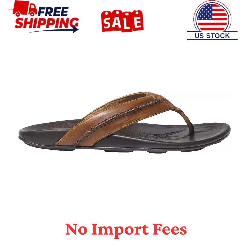 OluKai Men's Mea Ola Flip Flop, Tan/Dark Java