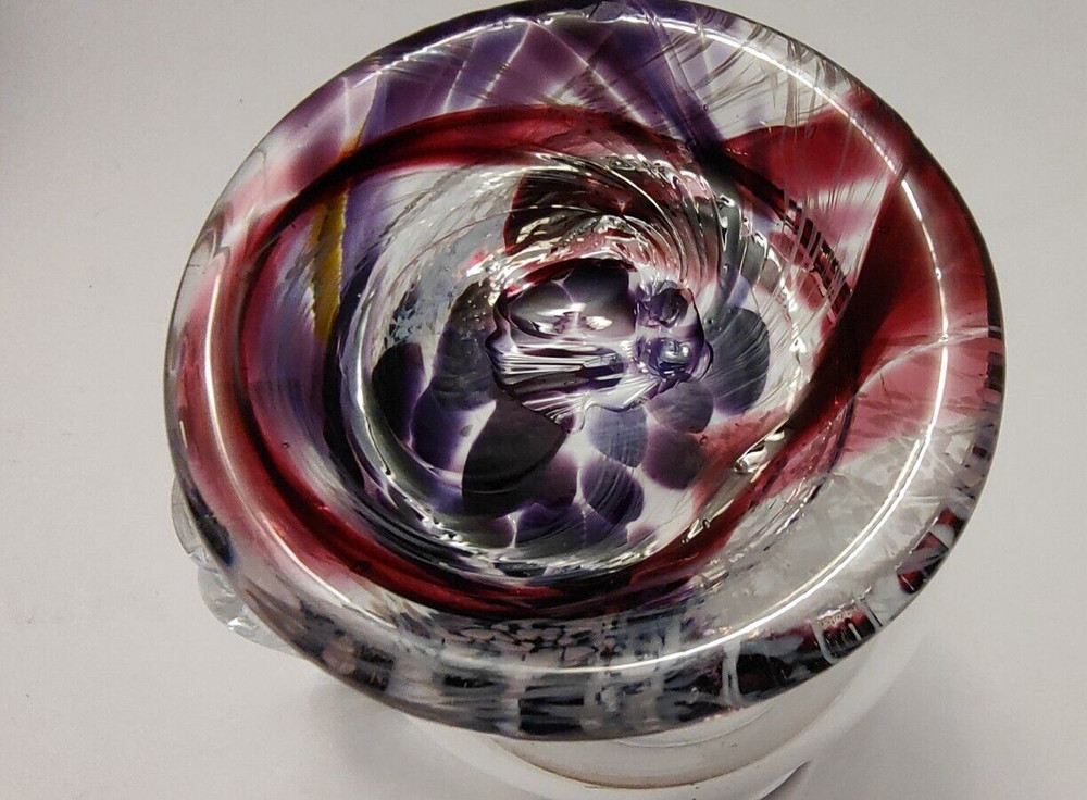 Hand Blown Clear Pitcher with Purple Swirl Base Unknown Maker 7"