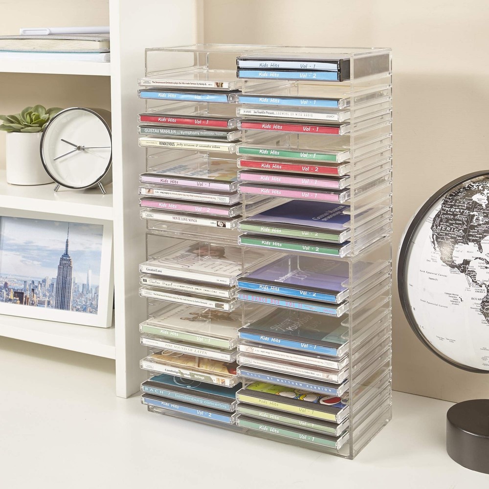Clear Plastic CD Organizer Stackable Storage Holder Holds 30 Cases