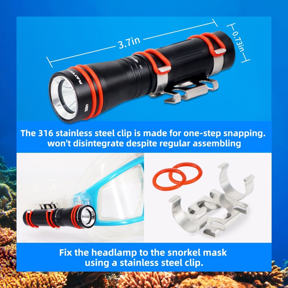 D2A Diving Flashlight Mini Scuba Dive Headlamp Underwater 100M Backup (Black)