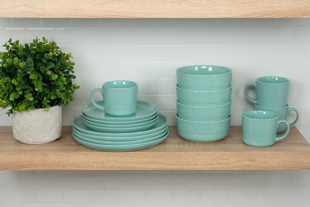 Double Line 16 Piece Stoneware Dinnerware Set Kitchen Dish Dinner Plates Seafoam