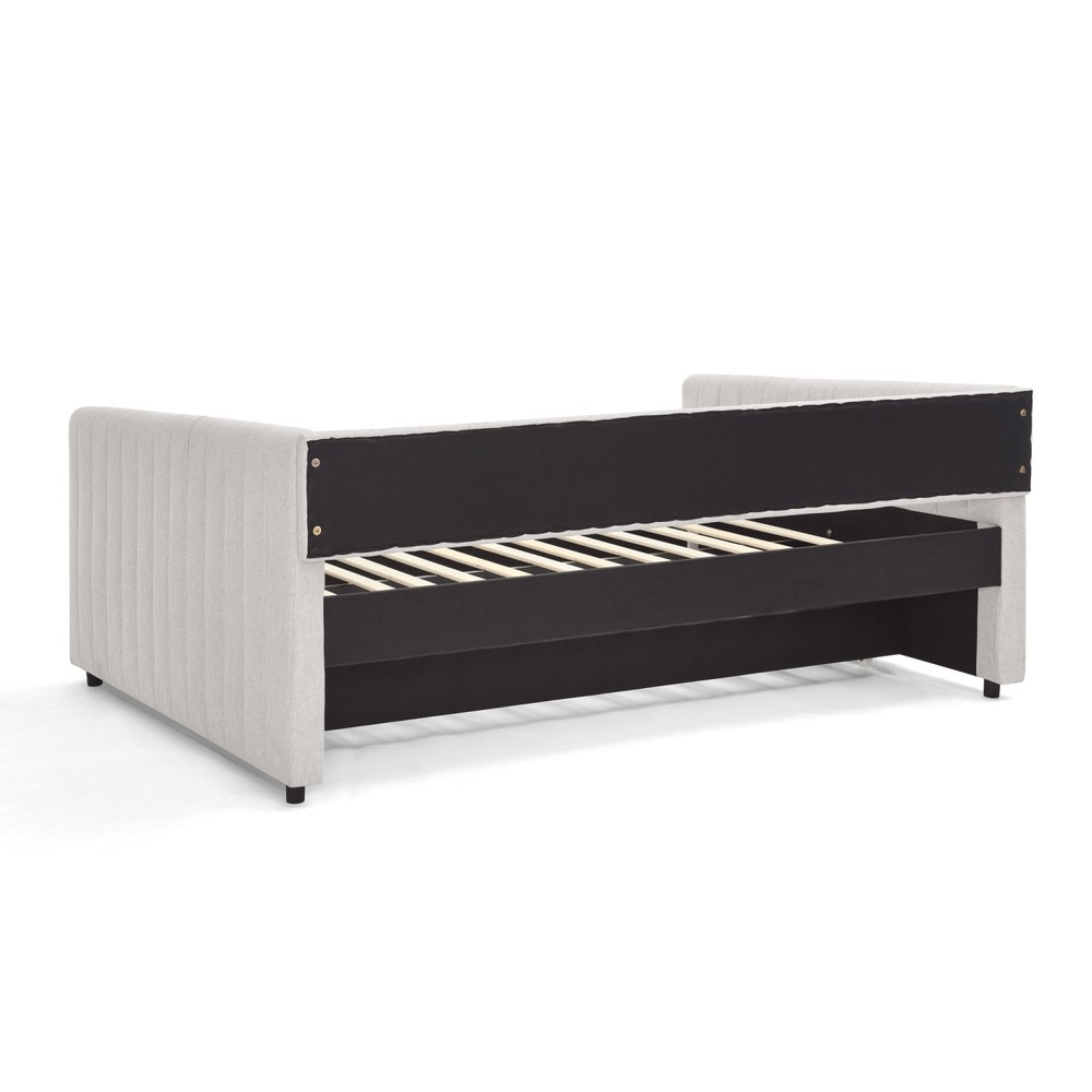 Full Daybed Modern Linen Upholstered Bed Frame Sofa Bed w/ Pull-Out Trundle