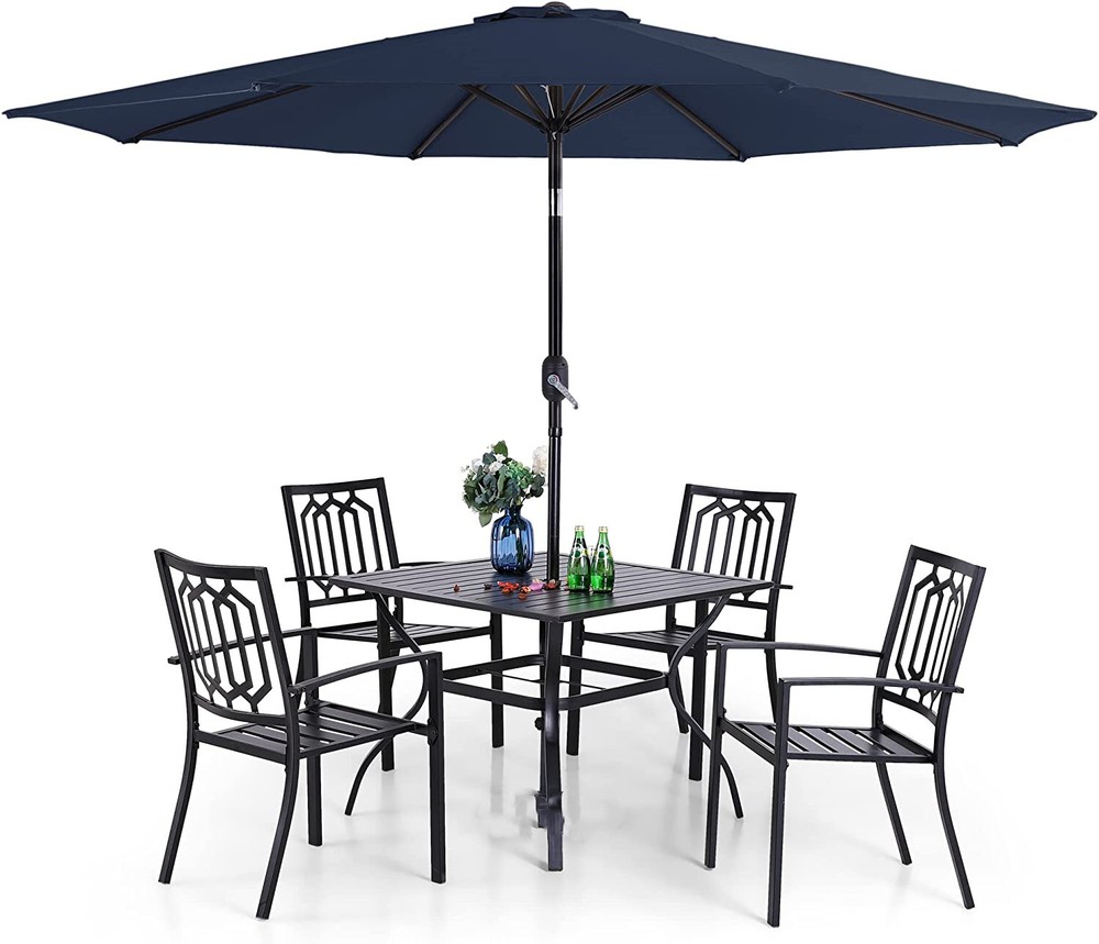 6Pcs Outdoor Patio Dining Sets Stackable Dining Chairs Table with Patio Umbrella