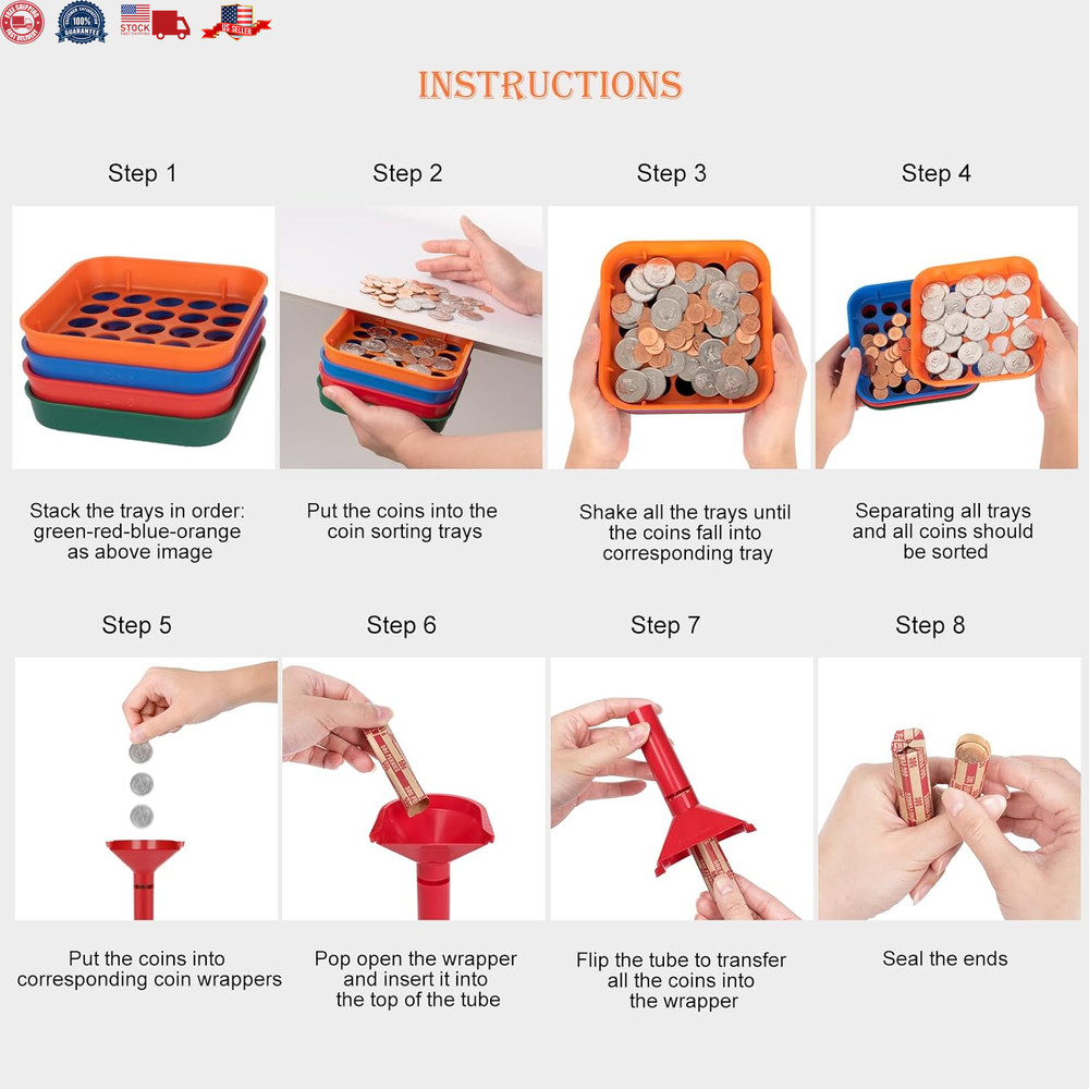 Coin Counters & Coin Sorters - 4 Color Coded Coin Sorting Tray and Coin Counting