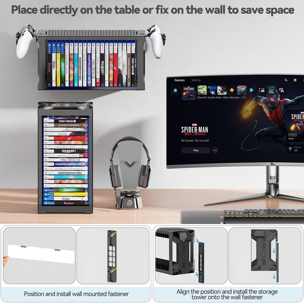 Video Game Storage Tower Holder with Controller Stand, Wall 1-Tier, 1T-Black