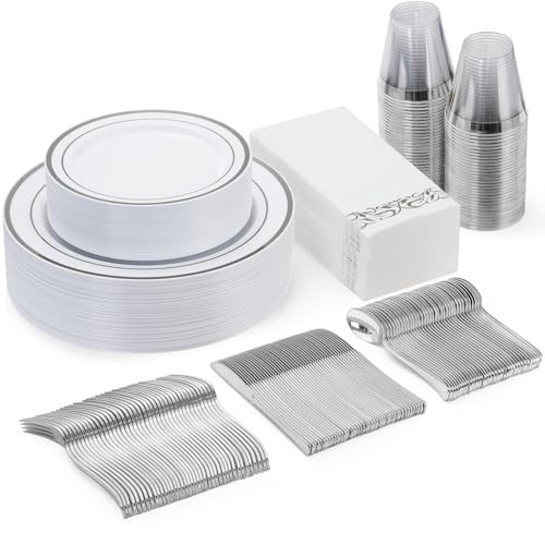 175 Pieces Dinnerware Set for Plastic Plates Disposable for Silver 25 Guests